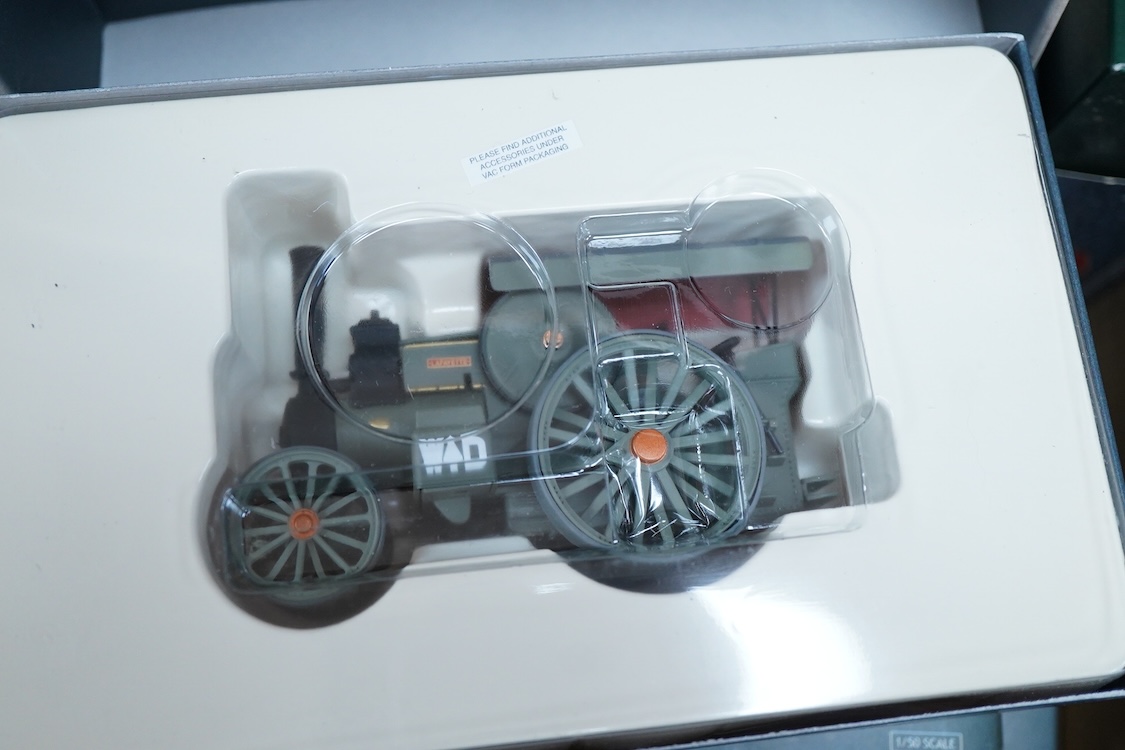 Twenty-three boxed Corgi diecast vehicles, including nine ‘Vintage Glory of Steam’ series, comprising of Showman’s engines, traction engines, steam road rollers, etc., together with ten trams including some from the ‘Tra